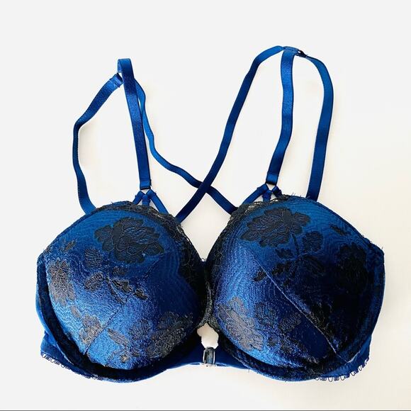 NEW VS VICTORIAS SECRET Black Navy Blue Strappy Lace Push Up Front Clasp Bra 32D - Picture 1 of 7